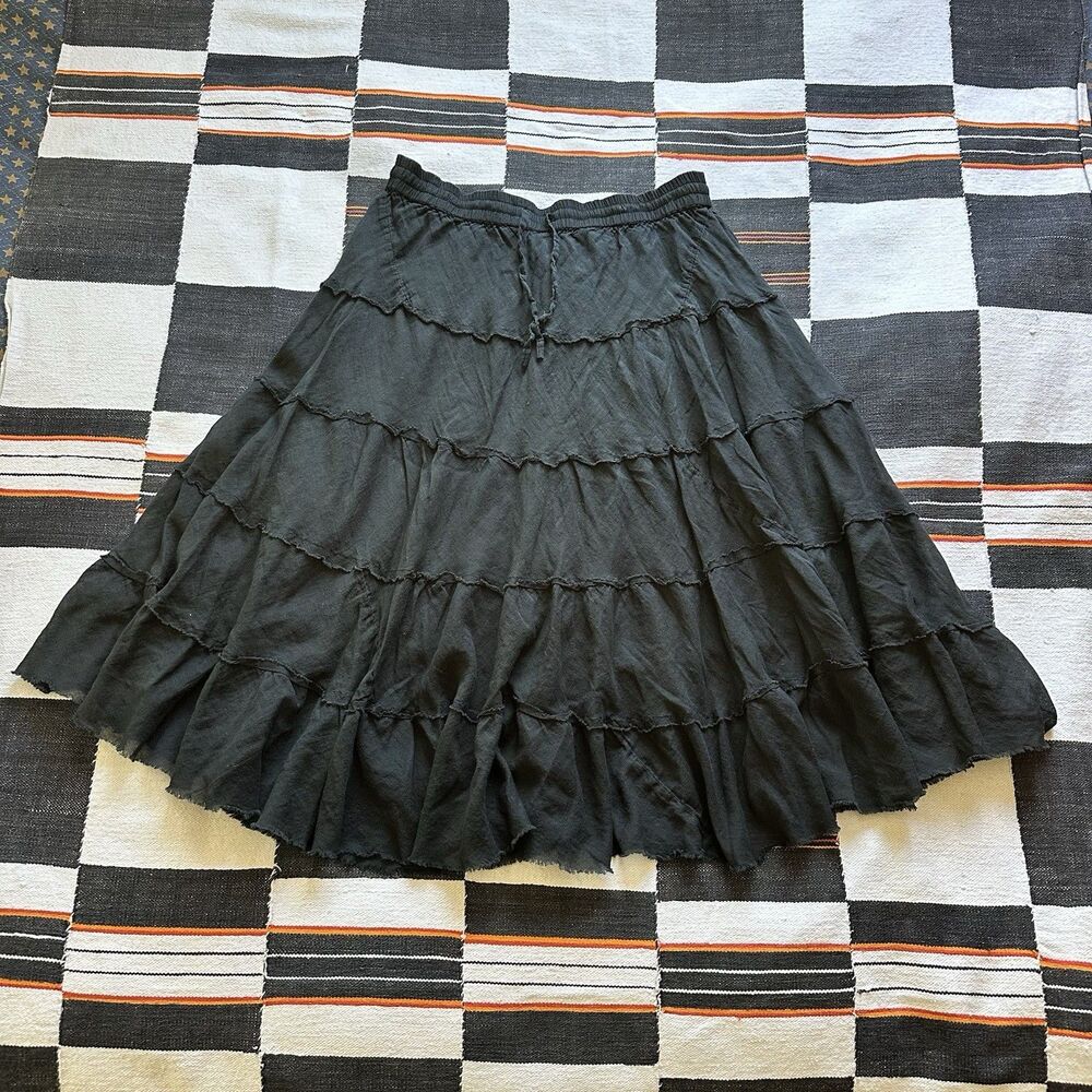 Vintage 90’s Silver Stream Cotton Black Midi Tiered Skirt. One Size. Cottagecore